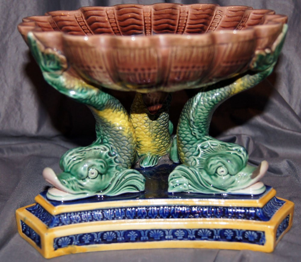 COPELAND majolica shell and dolphin compote,: COPELAND majolica shell and dolphin compote, professional rim repair to base, 6"