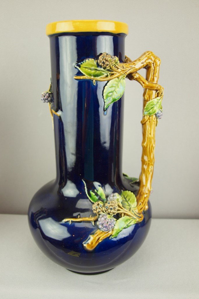 MINTON majolica cobalt jug with three dimensional black: MINTON majolica cobalt jug with three dimensional black berries and vine handle, 12", shape no. 2200