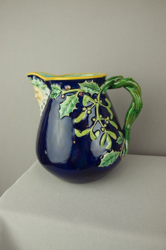 GEORGE JONES cobalt "Father Christmas" jug with holly: GEORGE JONES cobalt "Father Christmas" jug with holly and berries, professional hairline repairs, 6"