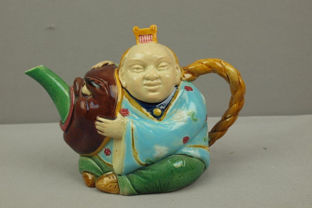 MINTON majolica Chinaman figural teapot, professional: MINTON majolica Chinaman figural teapot, professional repair to lid finial and spout , 7 1/2"l