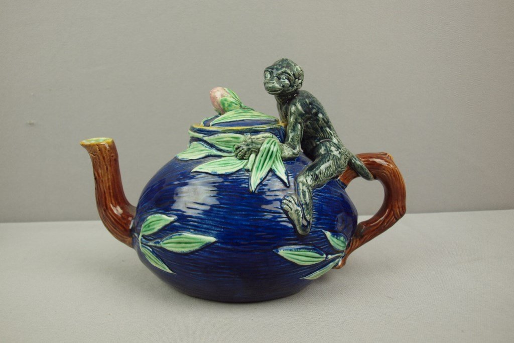 JRL majolica cobalt monkey and coconut figural teapot,: JRL majolica cobalt monkey and coconut figural teapot, rare form, 10"l, 7"h