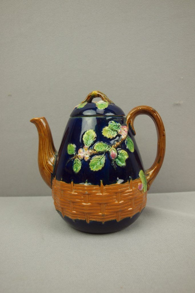 GEORGE JONES majolica cobalt apple blossom and: GEORGE JONES majolica cobalt apple blossom and basketweave teapot, 5 1/2", professional spout repair