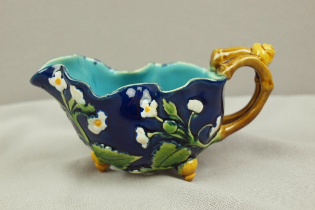 MINTON majolica cobalt floral creamer with snail feet,: MINTON majolica cobalt floral creamer with snail feet, 5 1/4"l