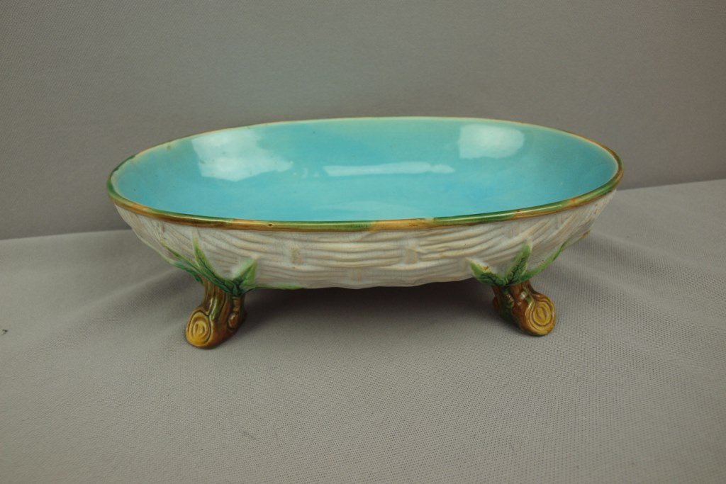 GEORGE JONES oval basketweave twig footed bowl, 9 3/4"l: GEORGE JONES oval basketweave twig footed bowl, 9 3/4"l