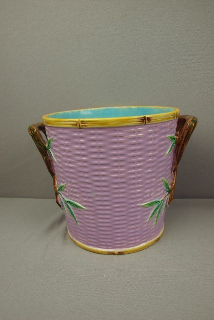 GEORGE JONES pink majolica basketweave wine cooler with: GEORGE JONES pink majolica basketweave wine cooler with branch handles, great color and detail, 8"h, 10"w