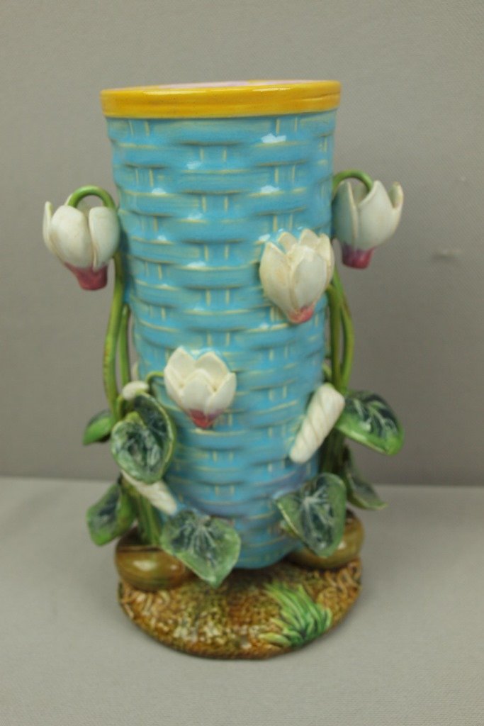 JONES majolica basketweave vase with applied Oct 26, 2013