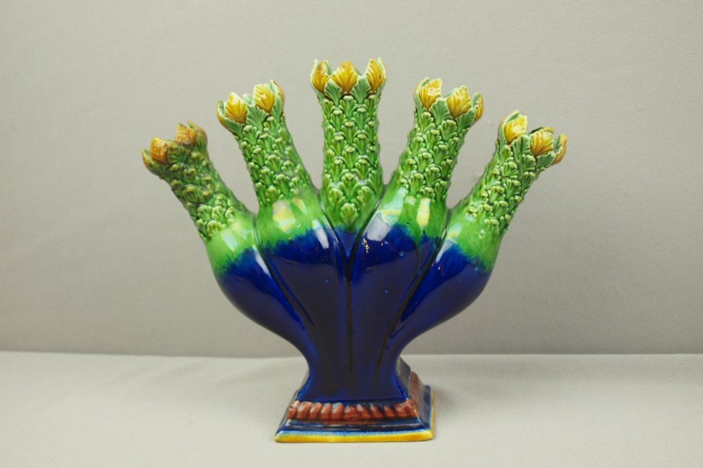 MINTON majolica 5 finger posey vase with cobalt base,: MINTON majolica 5 finger posey vase with cobalt base, chips and repair to high points, shape no. 1107, 8"