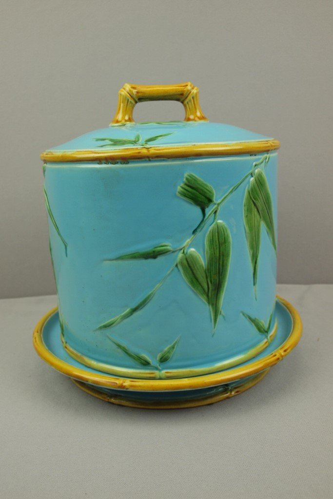 MINTON majolica rare bamboo turquoise cheese keeper,: MINTON majolica rare bamboo turquoise cheese keeper, shape no. 1461, professional line repair to cover, 12"h, 11"d