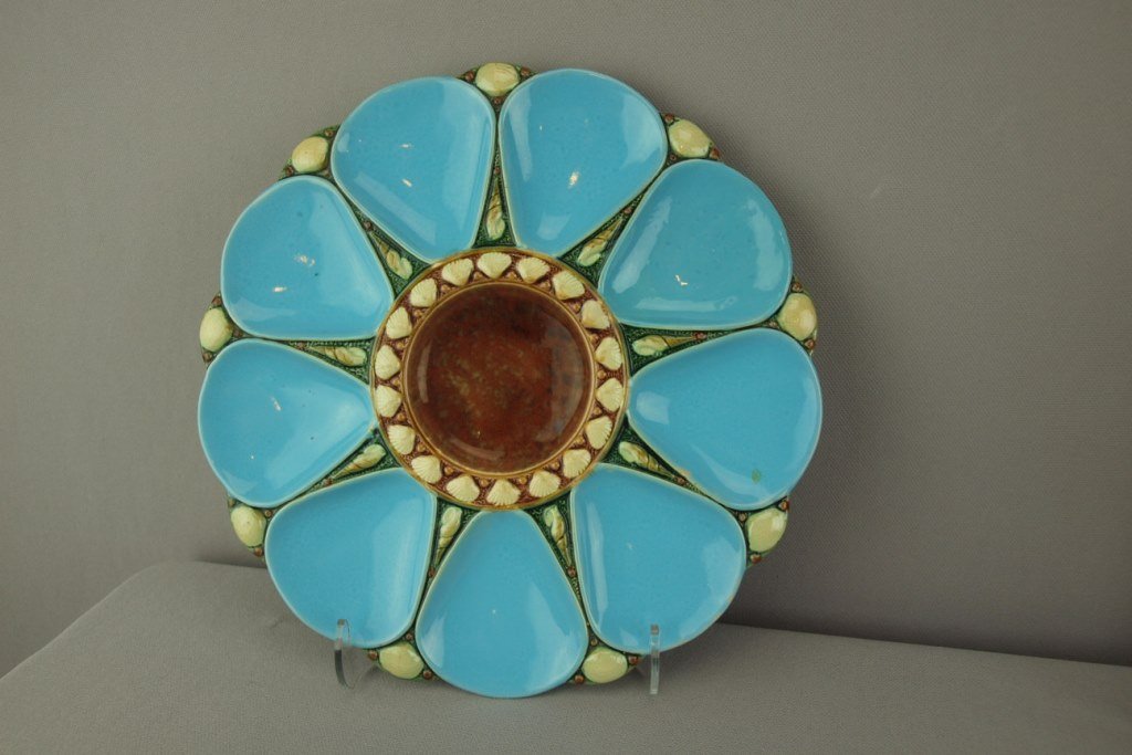 MINTON turquoise 9 well majolica oyster plate, 10",: MINTON turquoise 9 well majolica oyster plate, 10", shape no. 1324, professional hairline repair