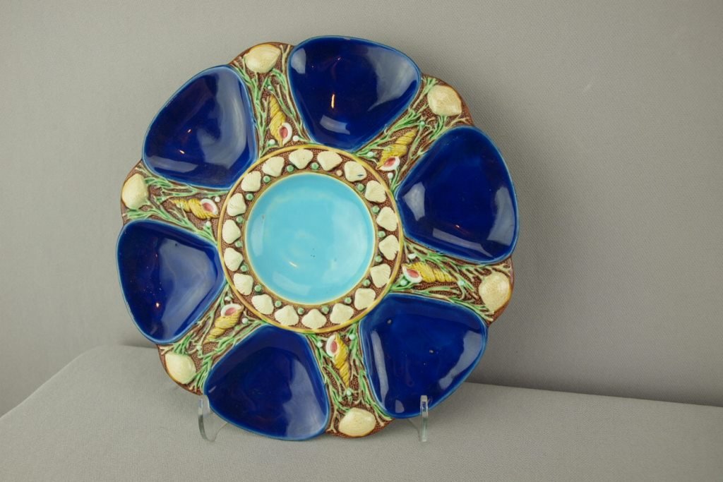 MINTON majolica cobalt 6 well oyster plate, 9", shape: MINTON majolica cobalt 6 well oyster plate, 9", shape no. 1323
