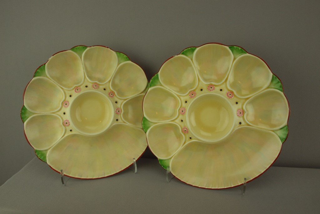 MINTON pair of majolica oyster plate, 6 wells with: MINTON pair of majolica oyster plate, 6 wells with cracker well, 9 1/4", ref: Karsnitz p. 55