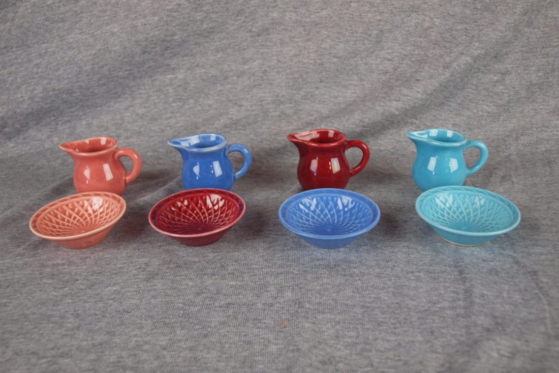 Fiesta Harlequin lot of 4 creamer and nut cup sets -: Fiesta Harlequin lot of 4 creamer and nut cup sets - rose, mauve blue, maroon and turquoise