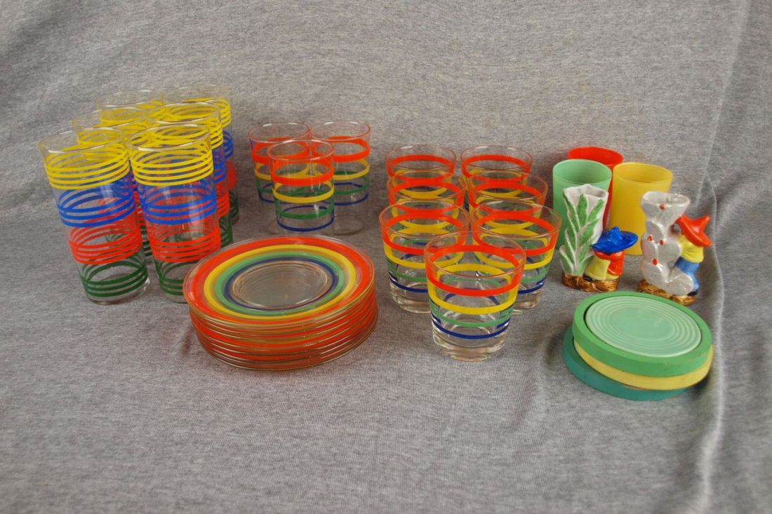 Lot of Fiesta go-along glass ringware tumblers, plates: Lot of Fiesta go-along glass ringware tumblers, plates and striped place mats