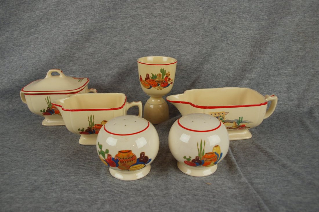 Fiesta Mexicana and Conchita lot - creamer, sugar,: Fiesta Mexicana and Conchita lot - creamer, sugar, sauce boat, double egg cup and pair of range shakers