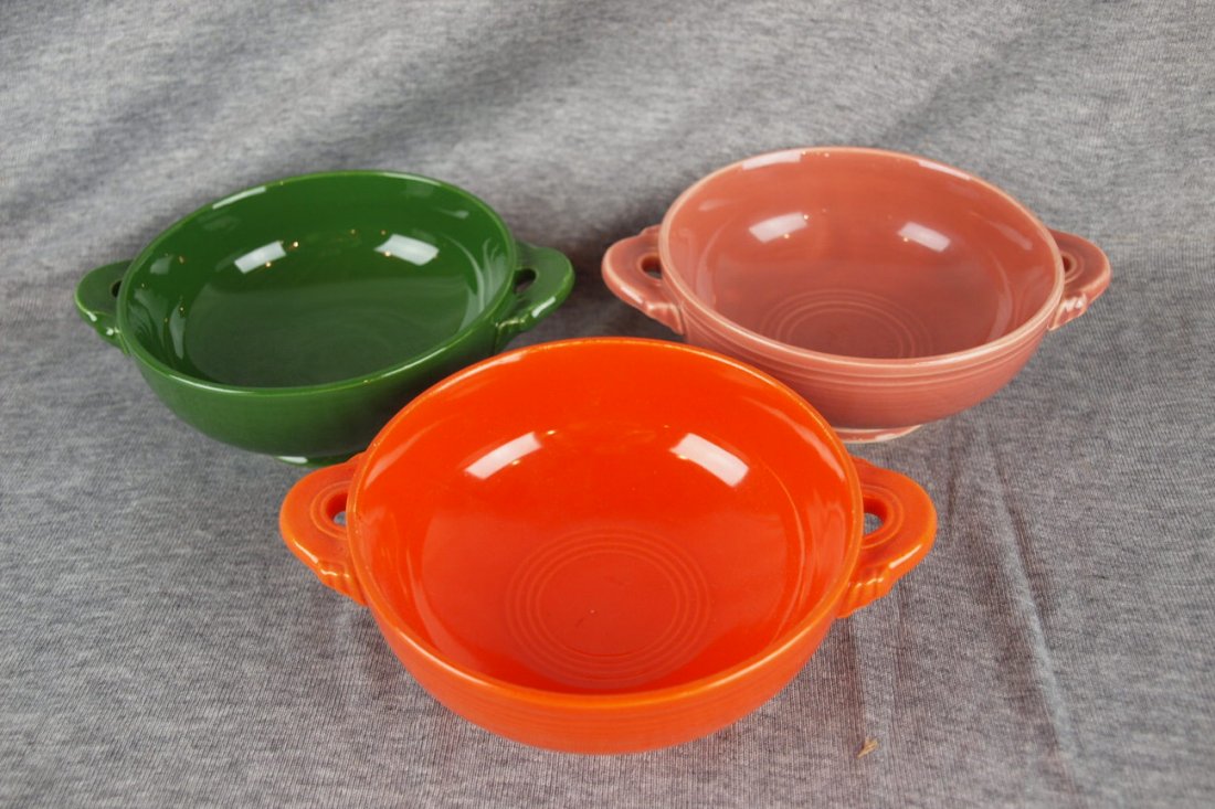 Fiesta cream soup group - red, forest green and rose,: Fiesta cream soup group - red, forest green and rose, (wear to red)
