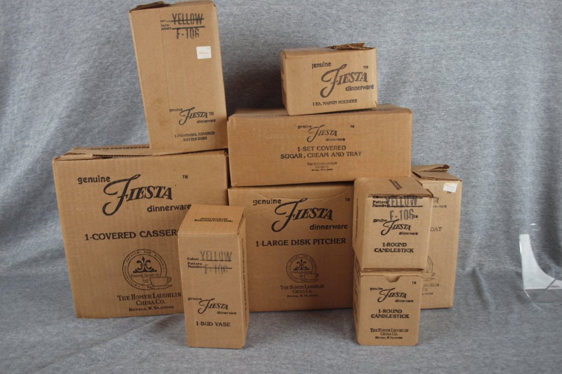 Fiesta Post 86 yellow NIB group, casserole, butter: Fiesta Post 86 yellow NIB group, casserole, butter dish, bud vase, large disk pitcher, cream sugar tray set, set of 4 napkin rings, pair round candle holders & sauce boat