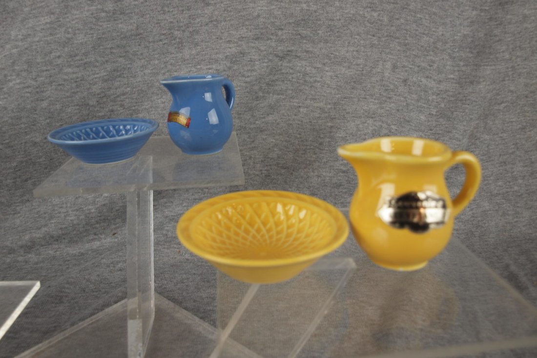 Fiesta Harlequin individual creamer & basket weave nut: Fiesta Harlequin individual creamer & basket weave nut cup sets - mauve blue (souvenir of Washington DC), yellow (souvenir Cleveland, OH)