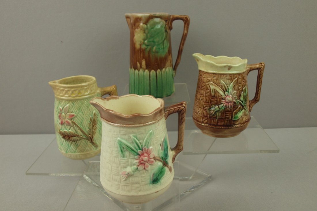 Majolica lot of 4 pitchers, 4 1/2" to 6" various: Majolica lot of 4 pitchers, 4 1/2" to 6" various conditions