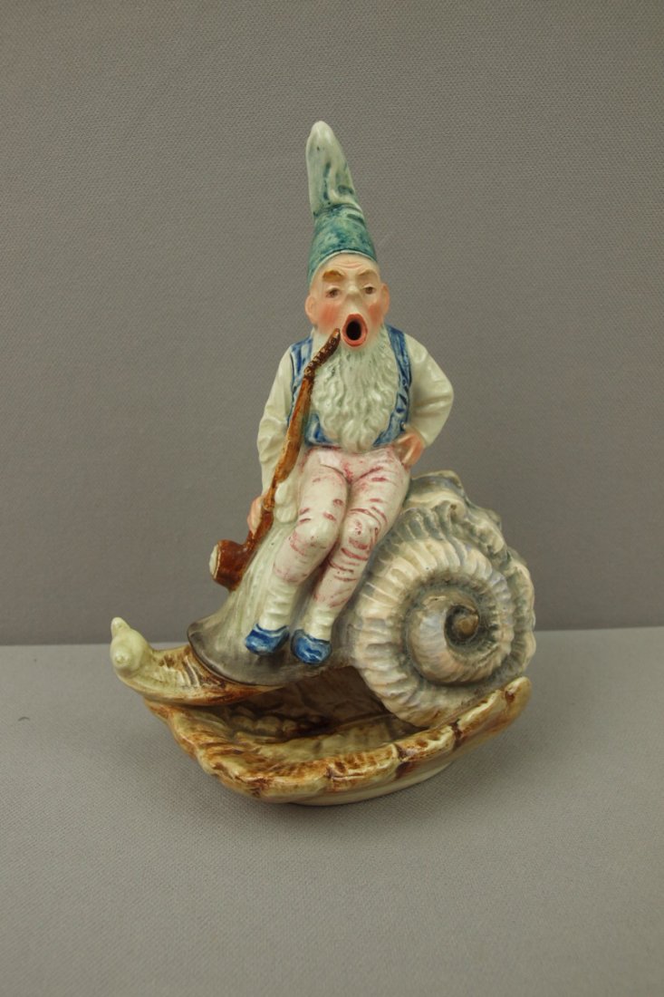 Majolica rare gnome on snail figural incense burner 8": Majolica rare gnome on snail figural incense burner 8"