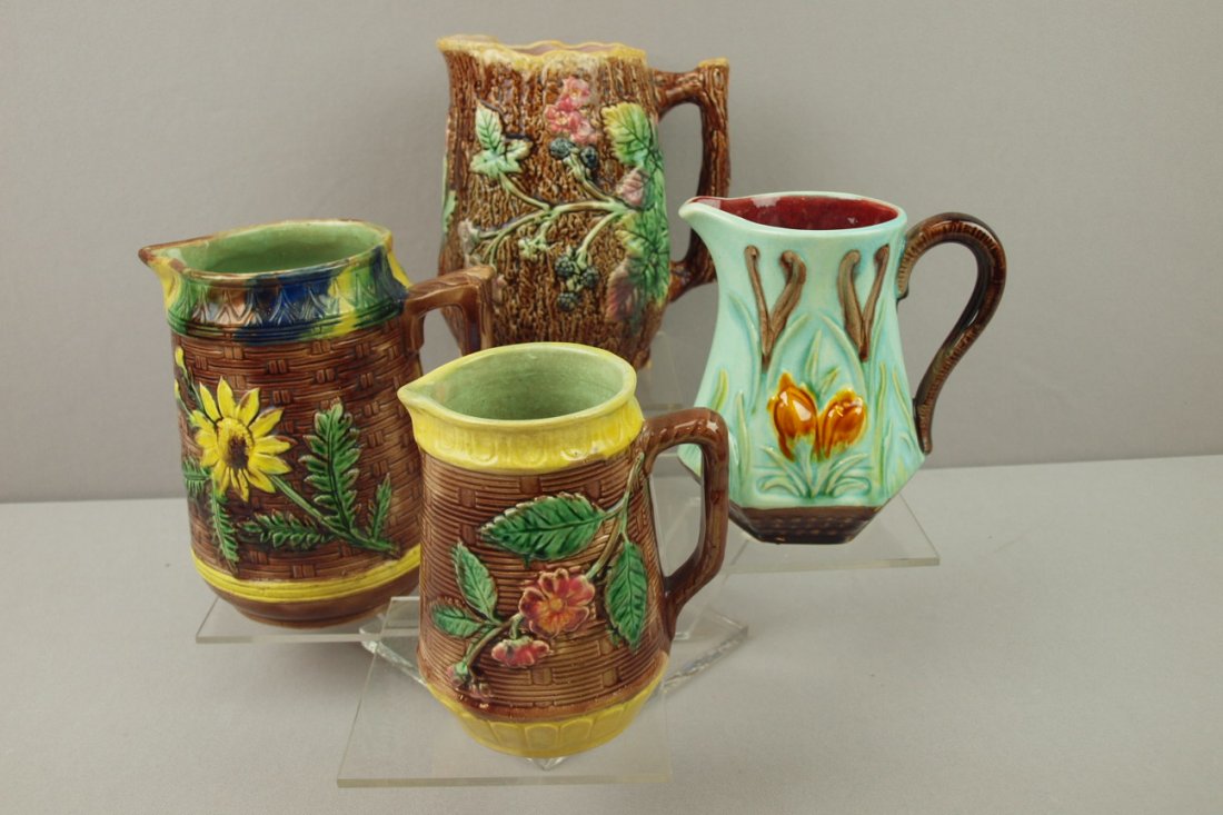 Majolica lot of 4 pitchers, various conditions: Majolica lot of 4 pitchers, various conditions