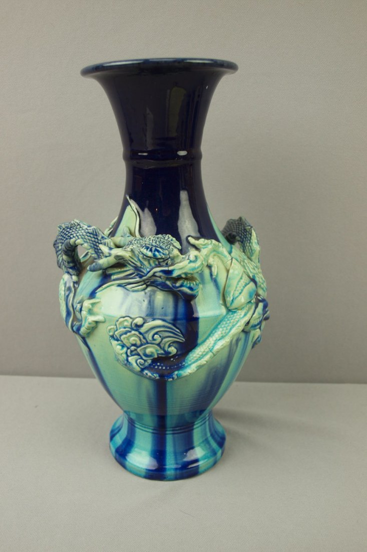 Majolica Palissy ware vase with dragon, 12": Majolica Palissy ware vase with dragon, 12"