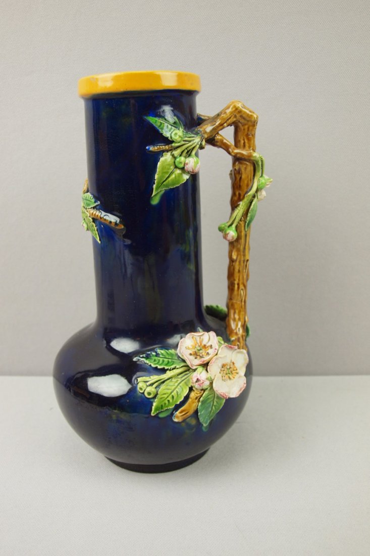 Minton Majolica cobalt Pomegranate jug with branch: Minton Majolica cobalt Pomegranate jug with branch handle, professional handle & rim repair