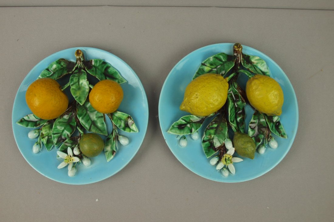French Menton Majolica pair of fruit plates, one with: French Menton Majolica pair of fruit plates, one with lemons and the other with oranges, 8"
