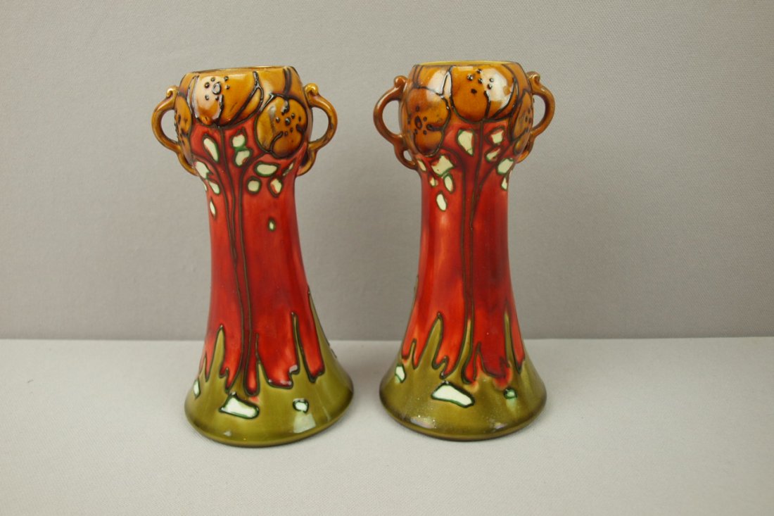 Minton Secessionist pair of vases, No. 41, 7",: Minton Secessionist pair of vases, No. 41, 7", professional repair to one
