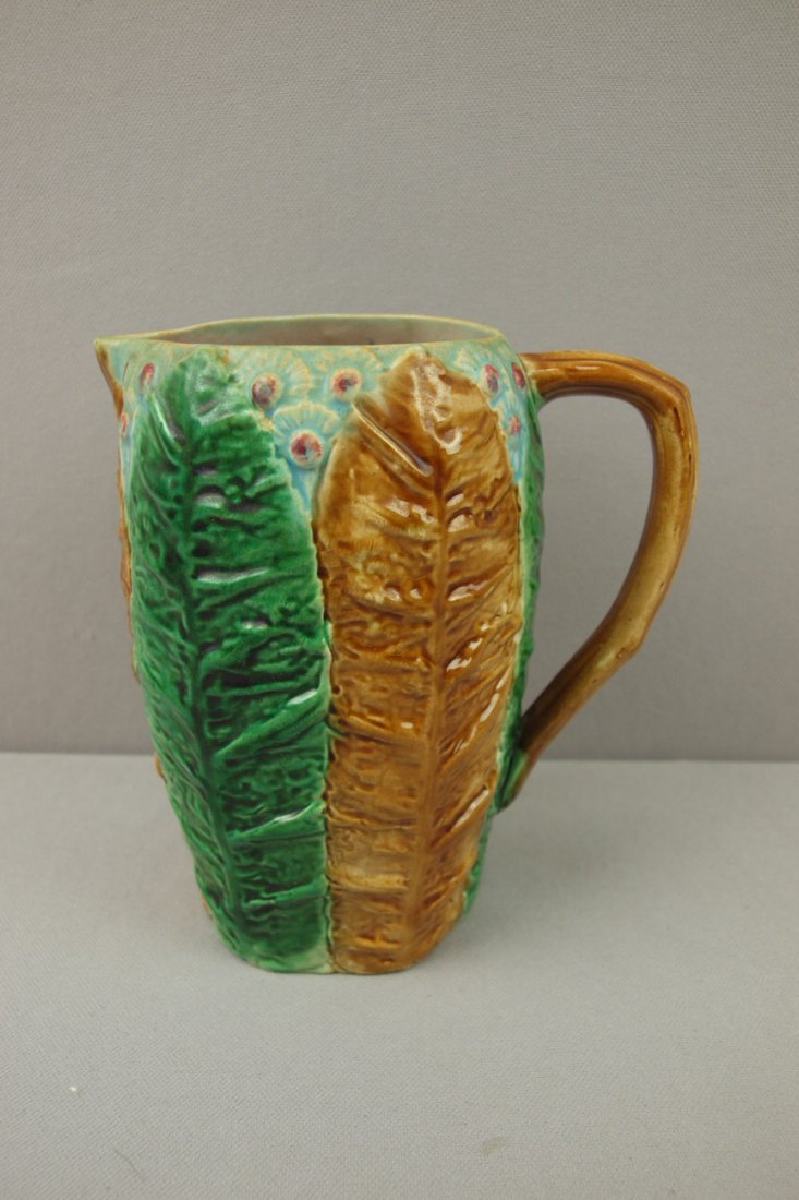 Majolica tobacco leaf & rosette pitcher, 6 3/4": Majolica tobacco leaf & rosette pitcher, 6 3/4"