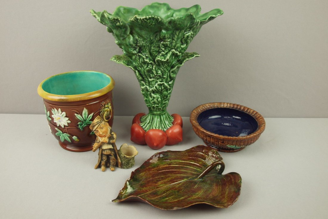 Lot of 5 Majolica and non-majolica items, various: Lot of 5 Majolica and non-majolica items, various conditions