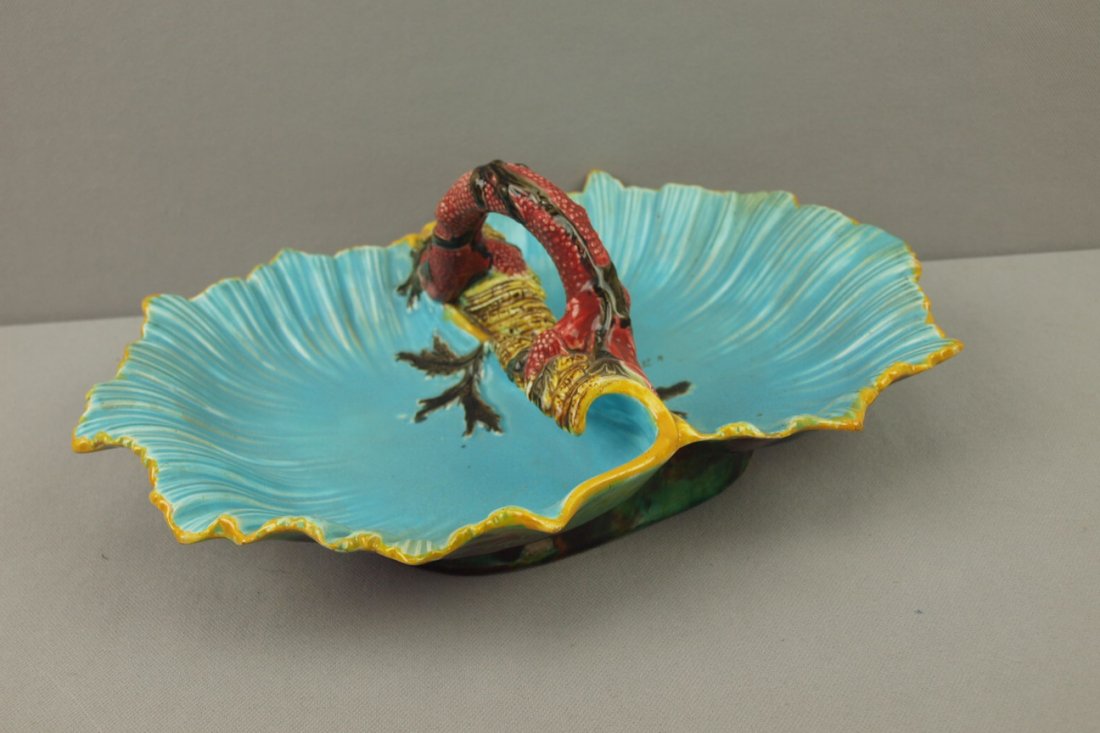 George Jones Majolica twin shell server with coral: George Jones Majolica twin shell server with coral handle, 12 1/2", minor hairline