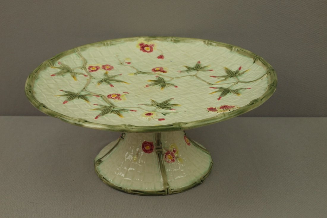 Fielding Majolica bamboo & basket cake stand 9 1/2" d: Fielding Majolica bamboo & basket cake stand 9 1/2" d