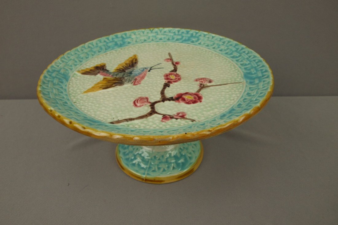 Majolica Eureka bird & branch cake stand, hairline, 9": Majolica Eureka bird & branch cake stand, hairline, 9" d
