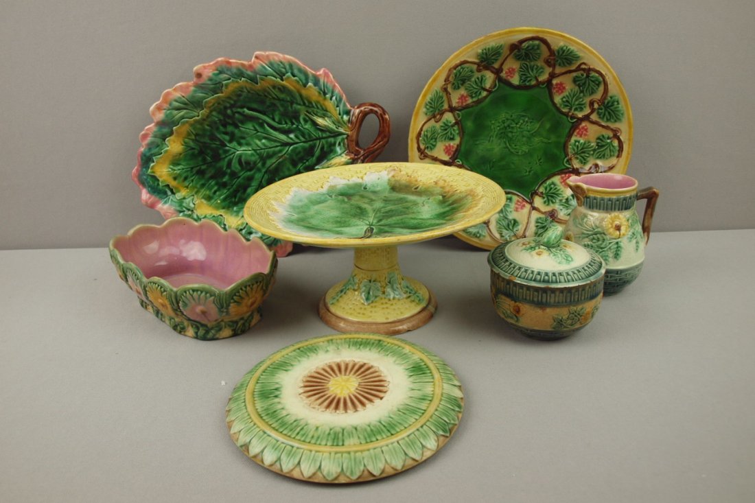 Etruscan Majolica group, oak leaf tray, classical bowl,: Etruscan Majolica group, oak leaf tray, classical bowl, daisy pickle dish, maple leaf on basket cake stand, wild rose cream & sugar, and rare Conventional tea trivet, various conditions