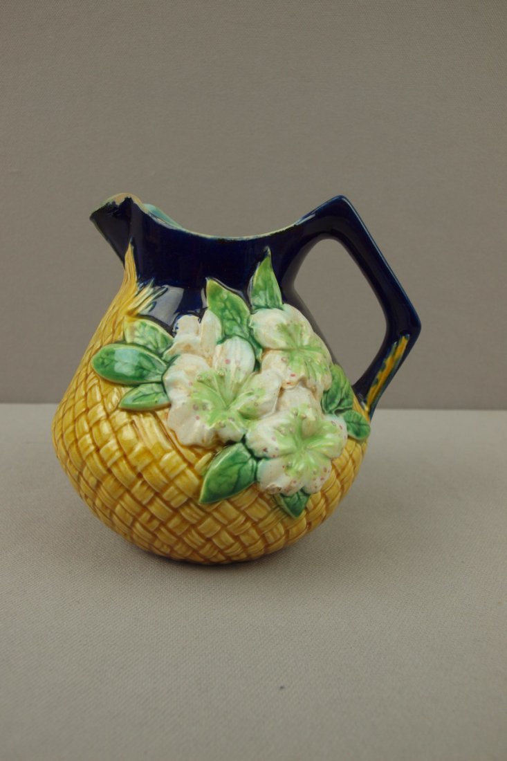 George Jones cobalt Majolica basket & floral pitcher,: George Jones cobalt Majolica basket & floral pitcher, rim wear, 5 1/4"