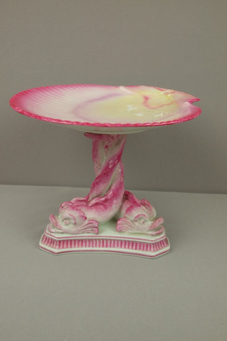 Wedgwood Pearlware pink & white shell compote with: Wedgwood Pearlware pink & white shell compote with triple dolphin base, 7" l