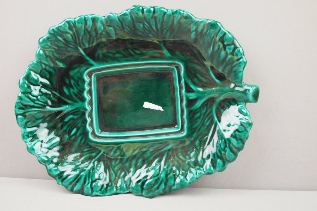 French dark green Majolica leaf tray 7": French dark green Majolica leaf tray 7"