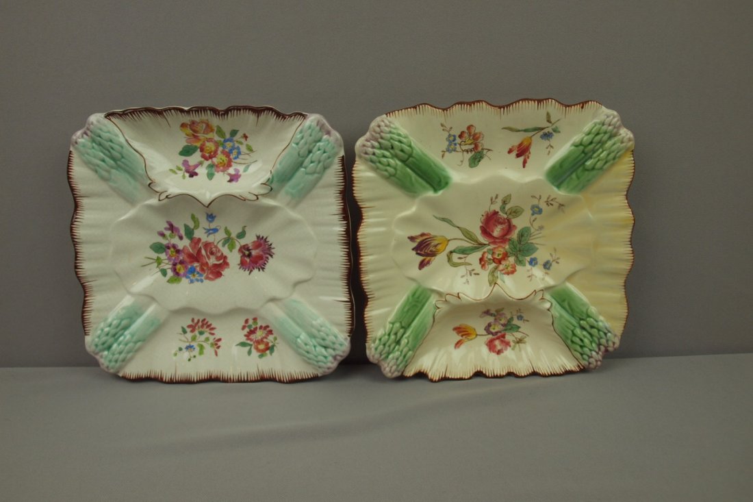 French Majolica lot of 2 square asparagus plates,: French Majolica lot of 2 square asparagus plates, Longchamp, rim repair to one