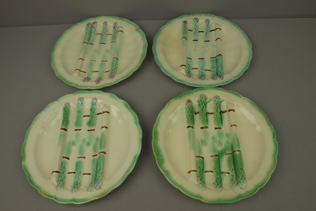 French Majolica set of 4 Longchamp asparagus plates,: French Majolica set of 4 Longchamp asparagus plates, 10", rim repair to 3, rim chip to one