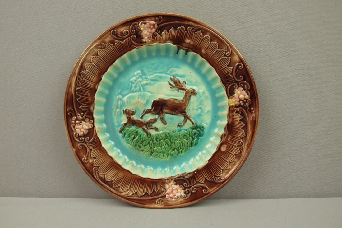 Majolica deer & dog plate 9": Majolica deer & dog plate 9"