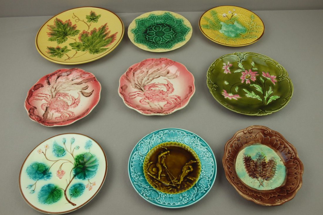 Majolica lot of 9 plates/platters, various conditions: Majolica lot of 9 plates/platters, various conditions
