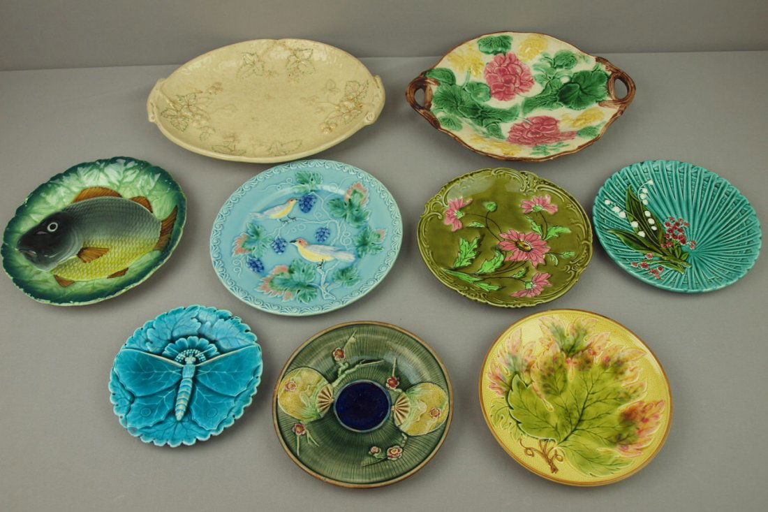 Majolica lot of 9 plates/platters, various conditions: Majolica lot of 9 plates/platters, various conditions