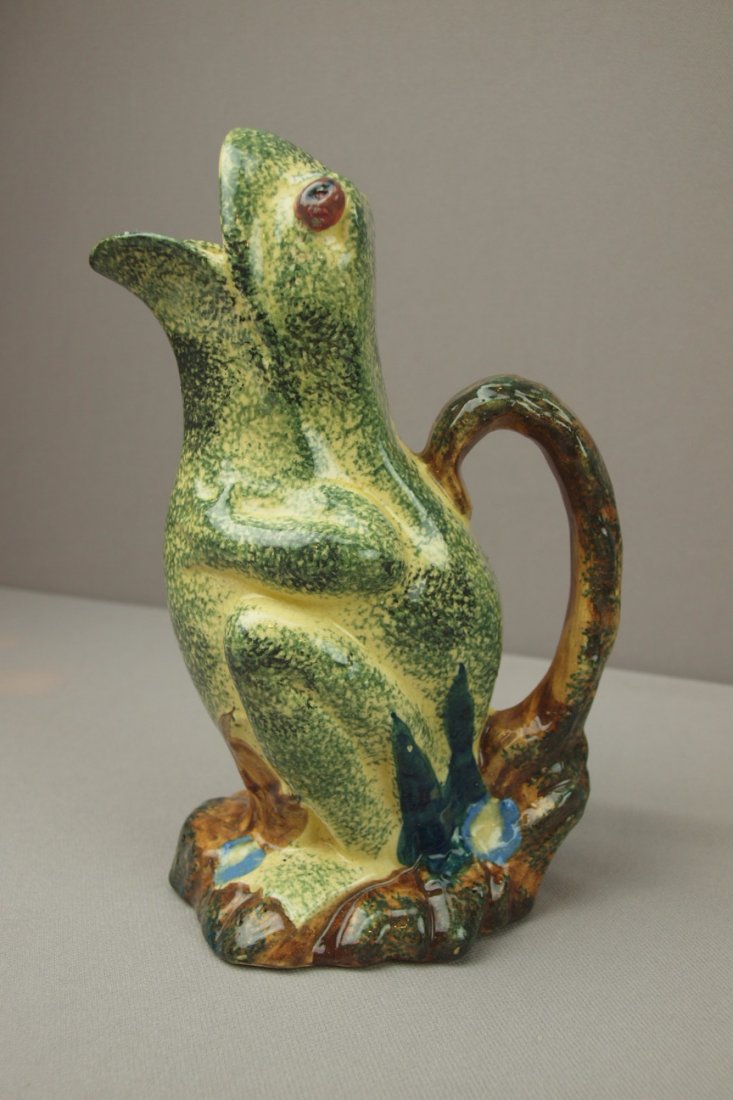 English Majolica figural pitcher of a spotted frog 8": English Majolica figural pitcher of a spotted frog 8"