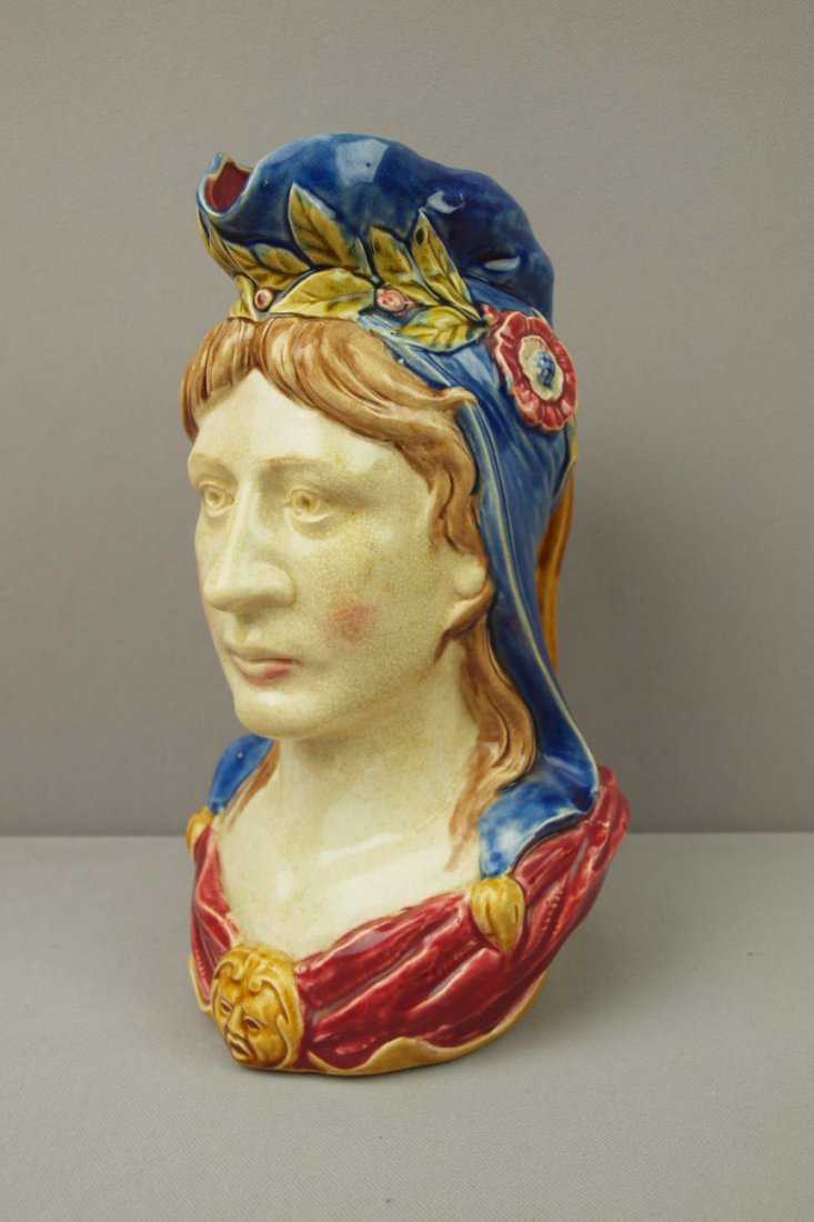 French Onnaing "Marianne" Majolica figural pitcher, 10: French Onnaing "Marianne" Majolica figural pitcher, 10 1/2", ref: Cunningham pg 110