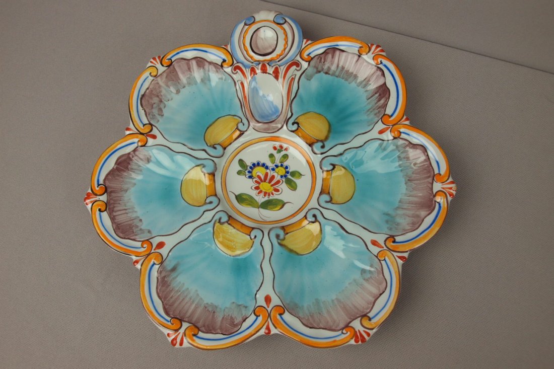French Faience 6 well oyster plate, 10 1/2": French Faience 6 well oyster plate, 10 1/2"