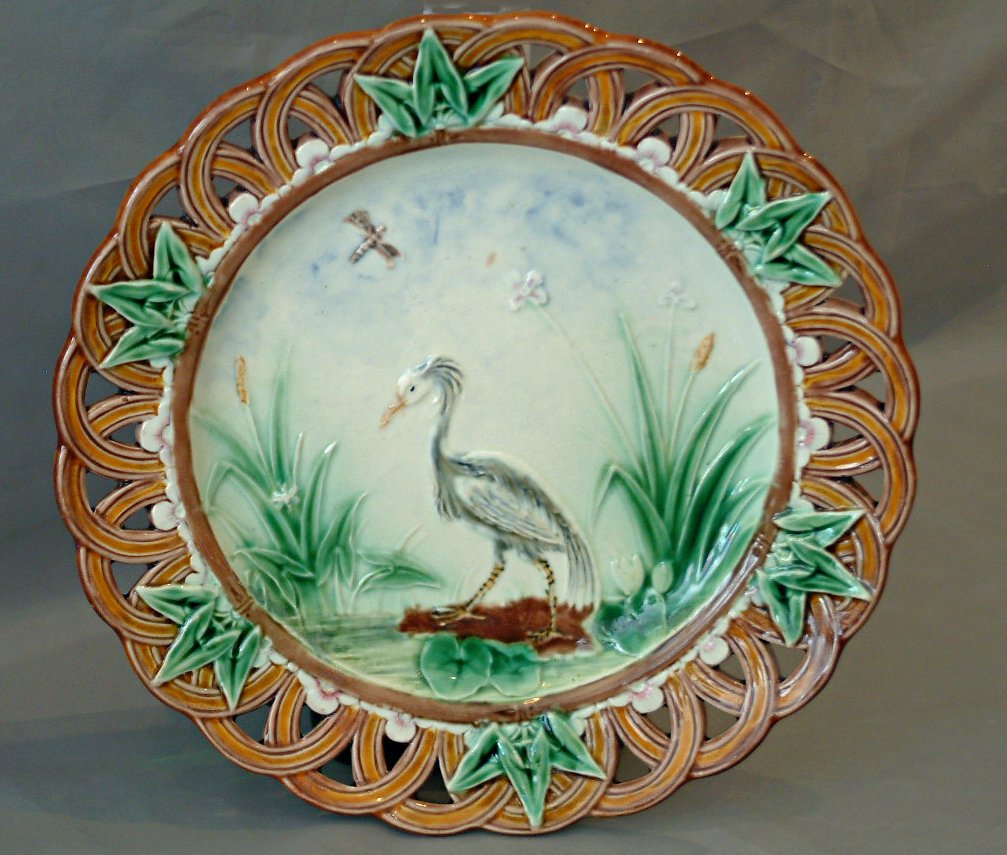 Wedgwood majolica stork and rushes plate: Wedgwood majolica stork and rushes plate with reticulated wicker border, great color, 9", designed by Theodore Deck