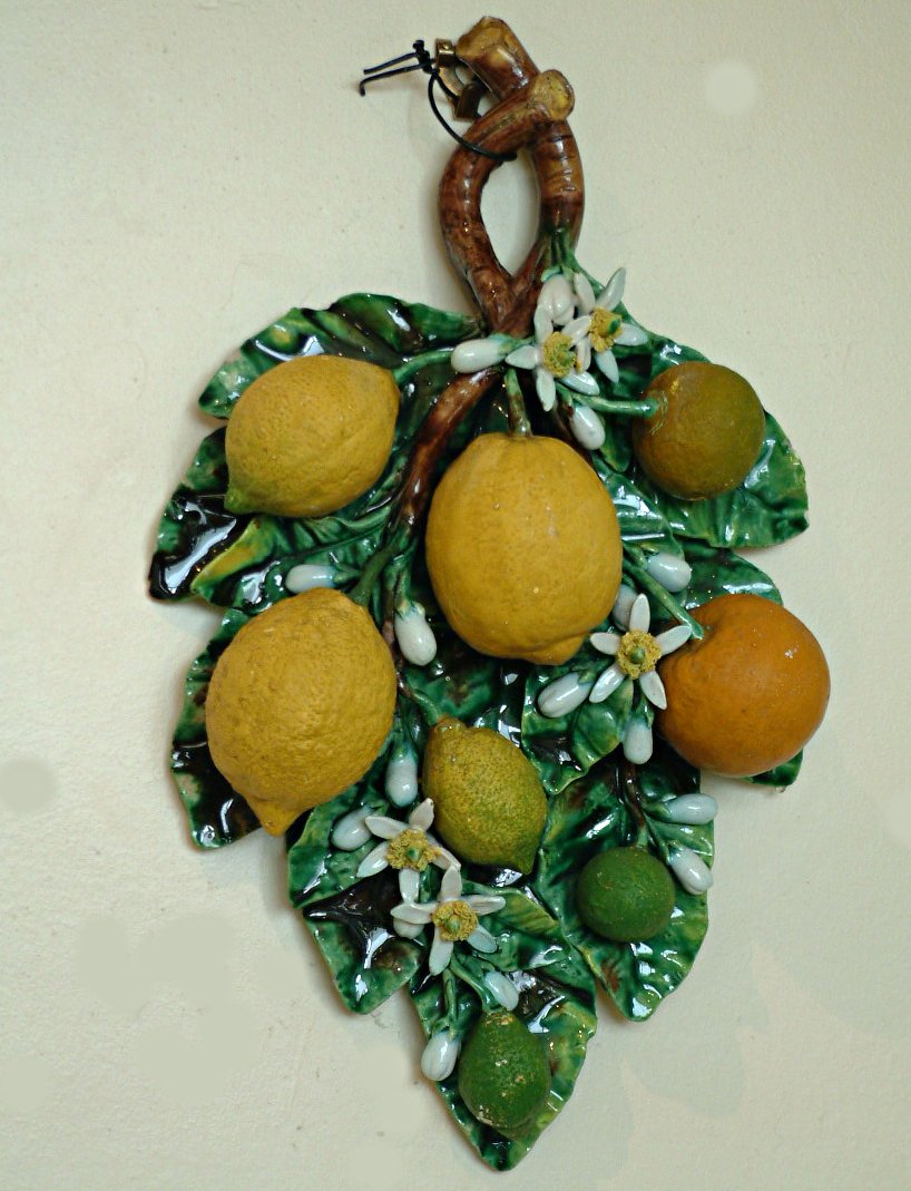 Menton large French majolica wall ornament: Menton large French majolica oranges and lemons wall ornament, great color and detail, 17"l