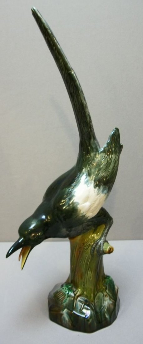 Minton majolica magpie figure, 22": Minton majolica magpie figure, 22", professional repair to bird's beak