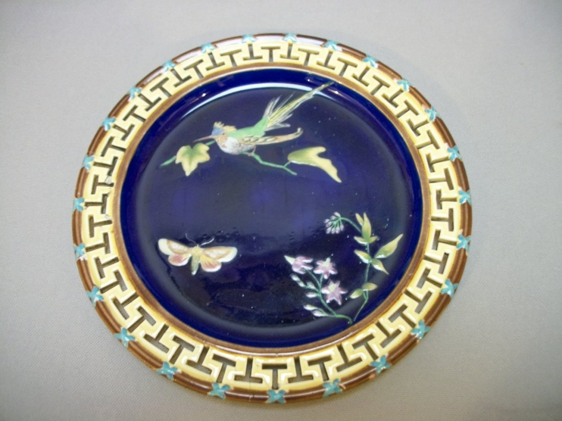 Wedgwood majolica Botanical plate: Wedgwood majolica Botanical plate with reticulated rim (repaired), 8 3/4"
