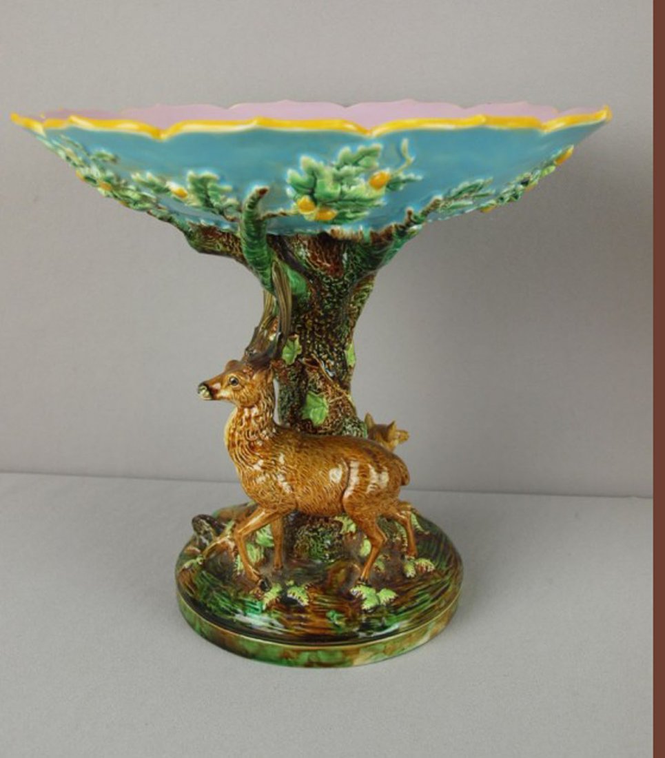 George Jones majolica stag & doe compote: GEORGE JONES majolica stag and doe comport with rabbit, great color and detail, 10"h, 10 1/2"d, professional repair to doe's ear and one of the stag's antlers.